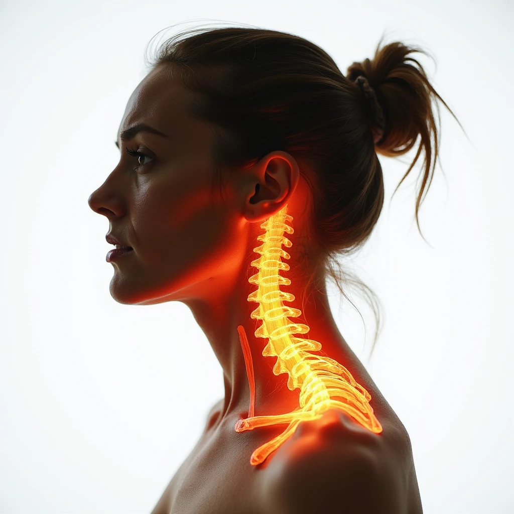 realistic anatomical side view of a woman with highlighted and contracted cervical muscles, suffering expression, white background emoji