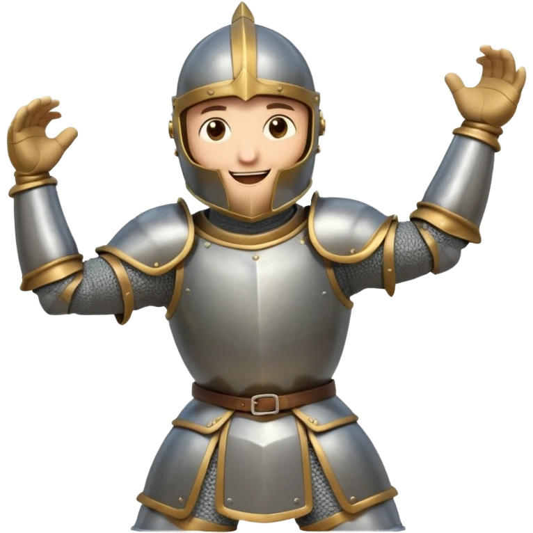 A cartoon knight in full armor with a closed helmet, expressing joy. The knight's head is tilted slightly upward, arms outstretched, and legs in a slight jump. emoji