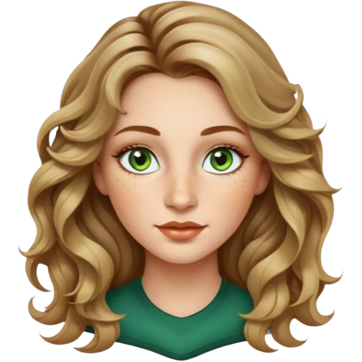 creative women with long dark Blond with highlights wavy hair white women, oval shape face green hazel eyes long lashes freckles on the nose high cheek bones emoji