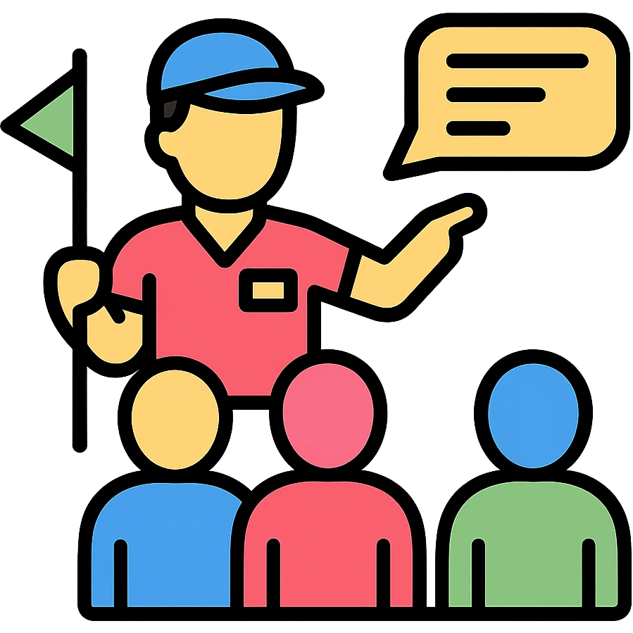 travel guide giving a talk to a group of people, color outline icon emoji