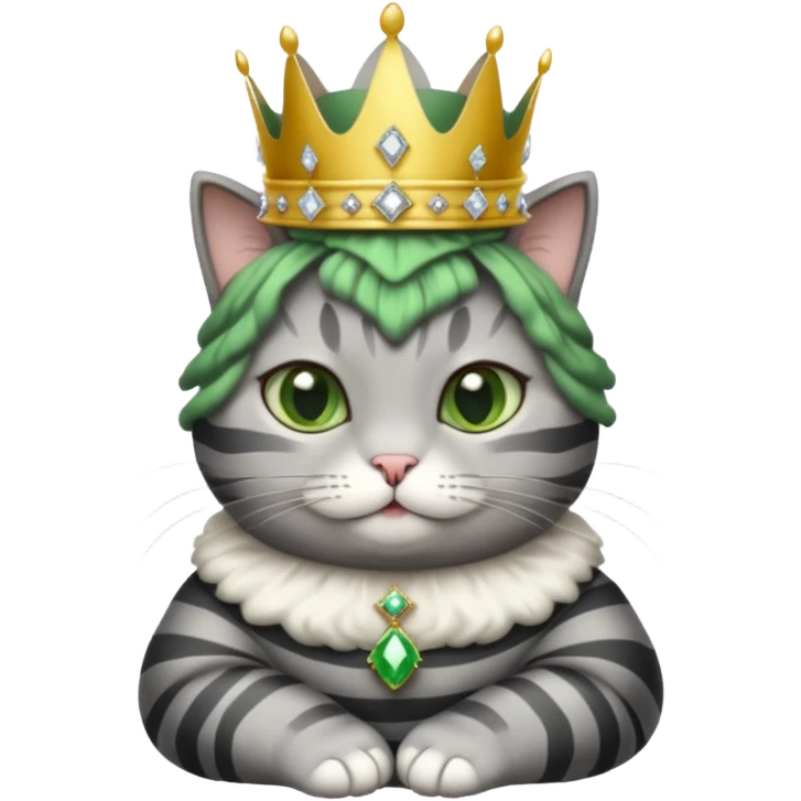 Gatito gris oscura con rayas negras ojos verdes vestida de reina con coronas y diamantes, más peluda y gordita  emoji