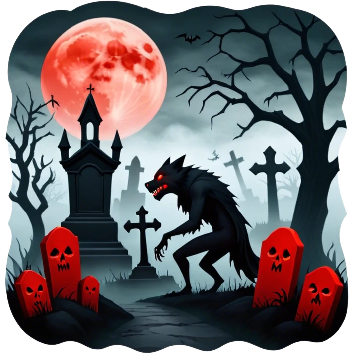 Icon for Horror Movies: A chilling collage with a monstrous werewolf or vampire, dark silhouettes, eerie graveyards, and creepy elements like spiders and tombstones. Ghostly fog surrounds, with a blood-red moon in the sky. The atmosphere is unsettling, eerie, and haunting. Transparent background. emoji