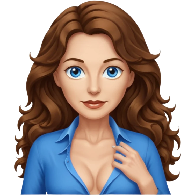 Extra Long wavy hair, brown hair, blue eyes Caucasian, age 50, sexy clothes boobies emoji