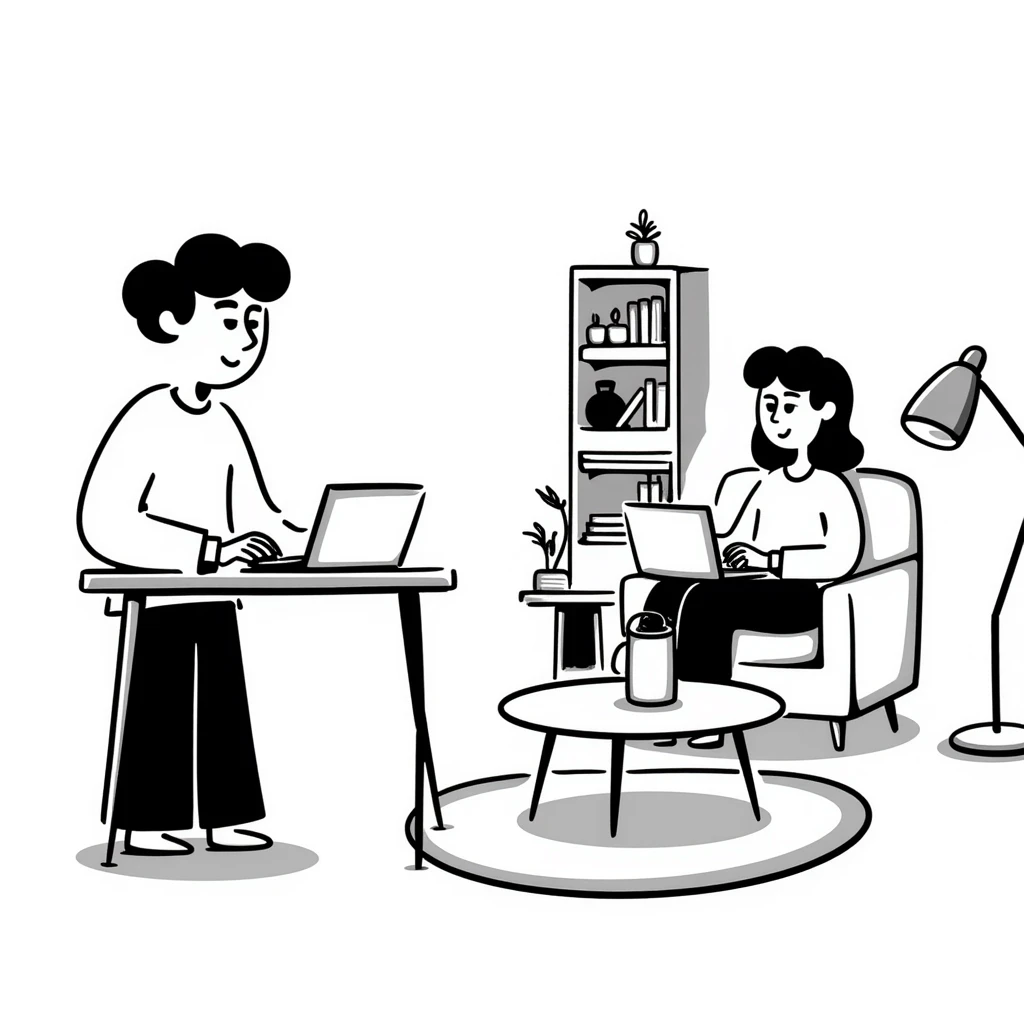 escenary 3d of a cozy mid-century living room with two people working on laptops, one man standing at a desk, and one woman sitting on a couch emoji