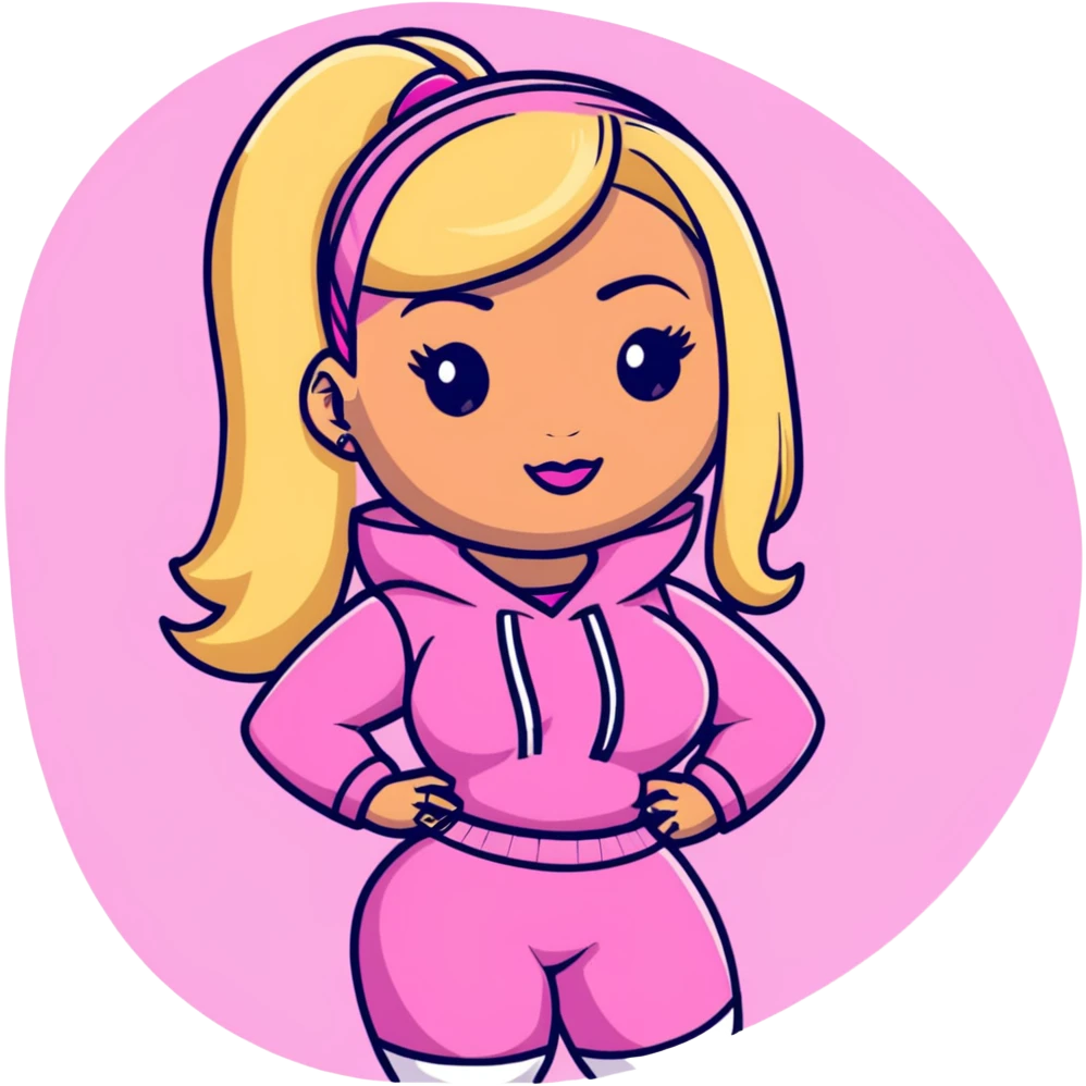Nicki Minaj wearing a pink outfit with hair that is half blonde and half pink emoji