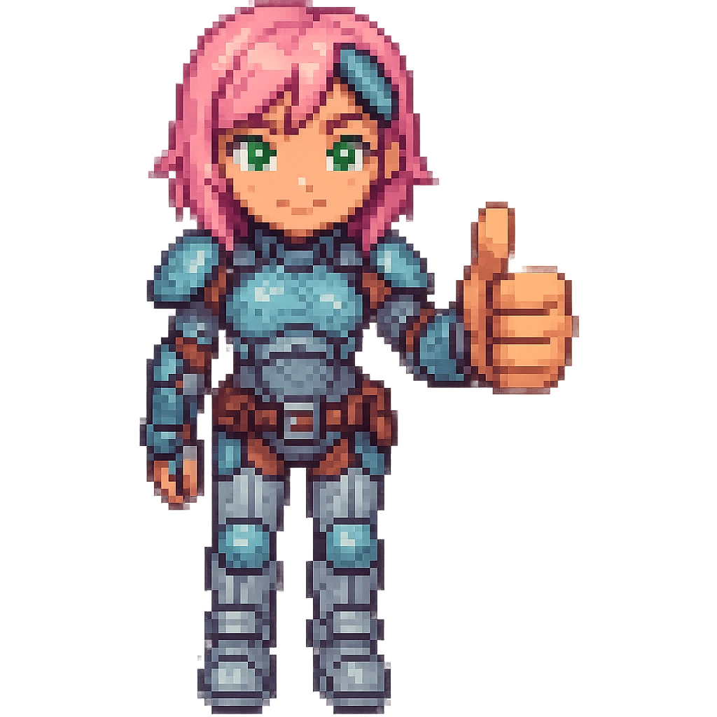 Make the thumb more prominent on the cyborg girl with pink hair giving a thumbs up in pixel art style with detailed armor, no background. emoji