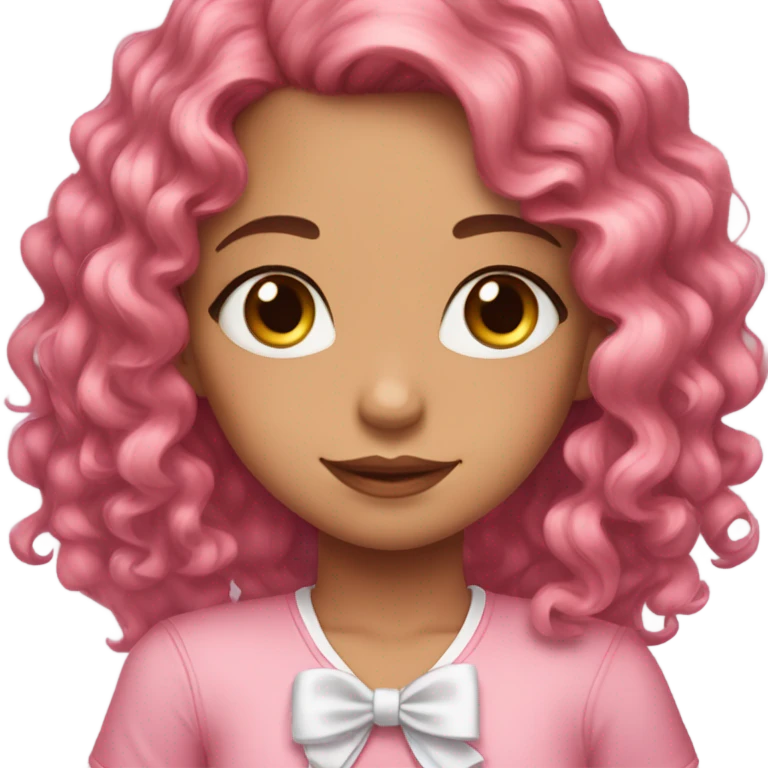 Girl face with cute pinkish makeup and pretty pink hair ribbon and long curly brown hair emoji