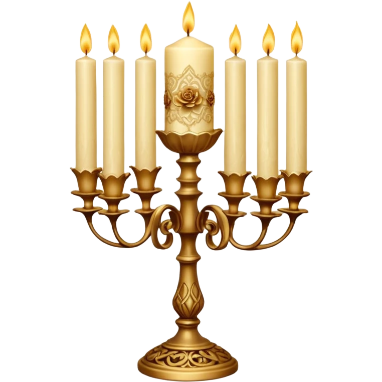 Victorian Candle Set
A cluster of tall, ivory candles in ornate golden holders. Some are carved with lace-like patterns, others wrapped in translucent brown ribbon and dried golden roses. emoji