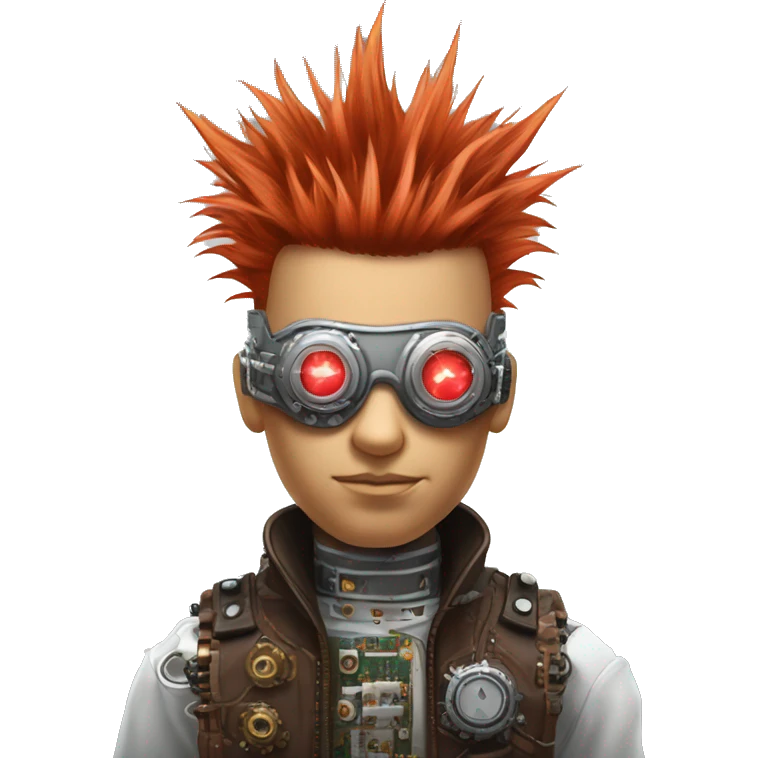 Light red Mohawk hair male cyborg head with white steampunk goggles and circuits emoji