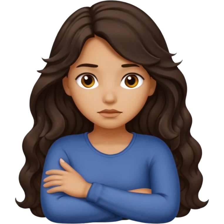 Slightly tan girl dark long wavy hair crossing her arms with slight pout emoji