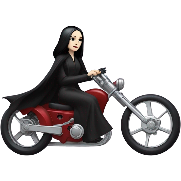 Jedi teen Morticia Addams flying a red Zephyr-J speeder bike  emoji