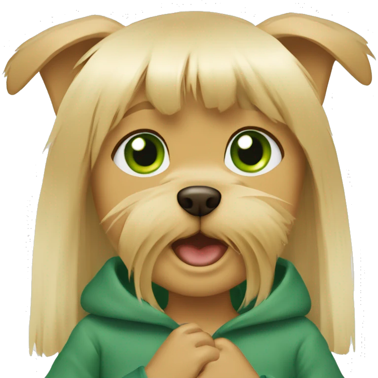 Yorkshire Terrier in the arms of a girl with blond hair and green eyes emoji