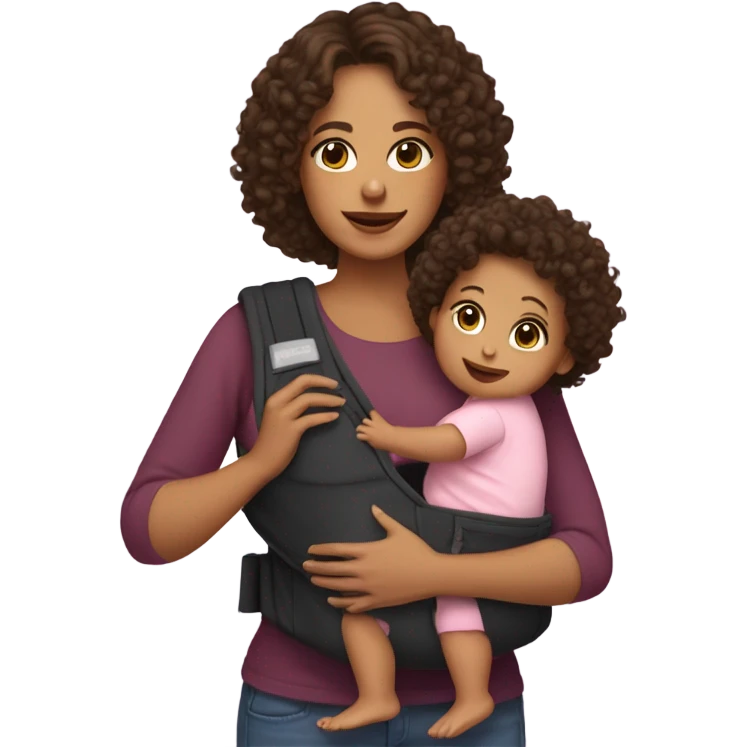 mom with light tan skin, shoulder length dark brown curly hair carrying 2 baby carriers emoji