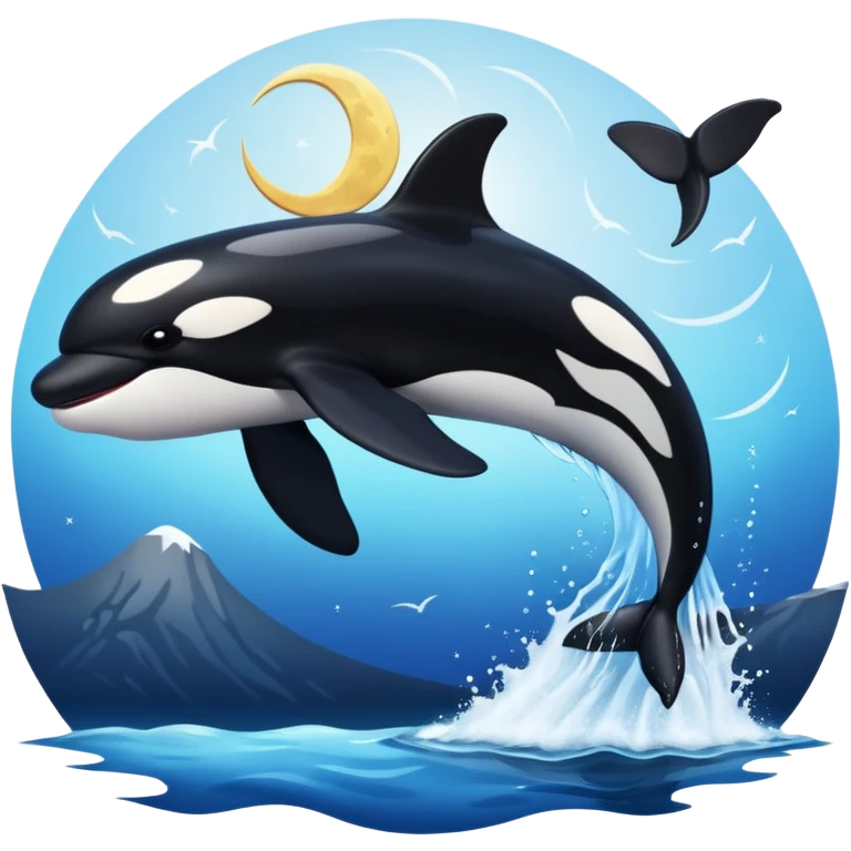 I want a realistic emoji of an orca whale leaping from the water with the moon illuminating the sky and reflecting on the sea. emoji
