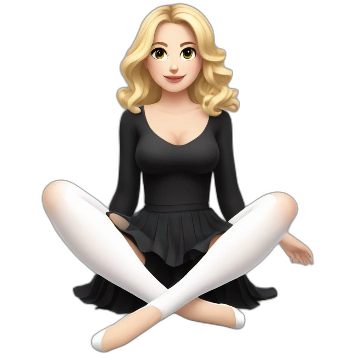 Front view curvy caucasian beauty sits on the floor straight hands up black skirt white stockings emoji