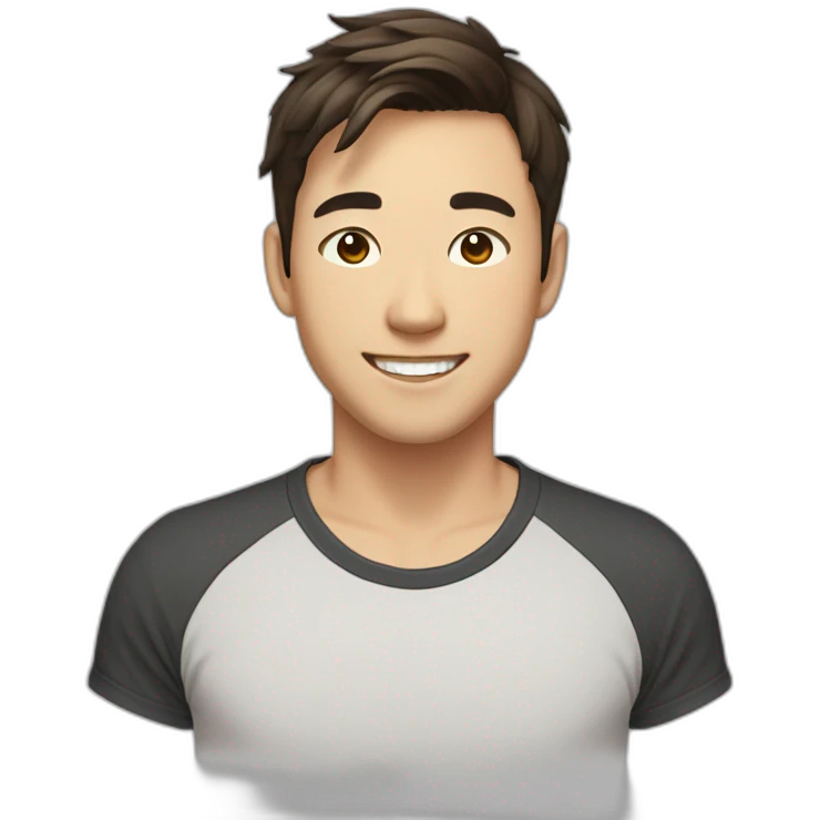 guy with brown hair, medium length hair, in his 20s, asian, smiling, t-shirt, shoulder emoji