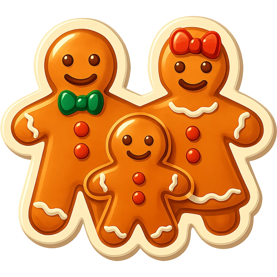 gingerbread cookie shaped like a family with three figures decorated with icing, festive style emoji