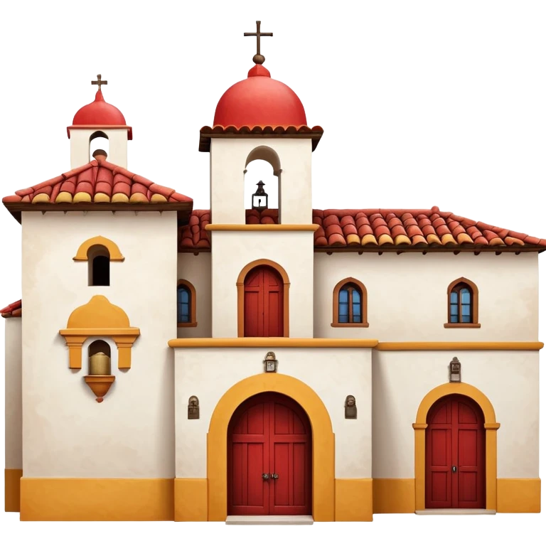 Spanish mission style house with bell tower and arches, displaying a Spanish flag (red-yellow-red horizontal stripes) hanging from a window emoji