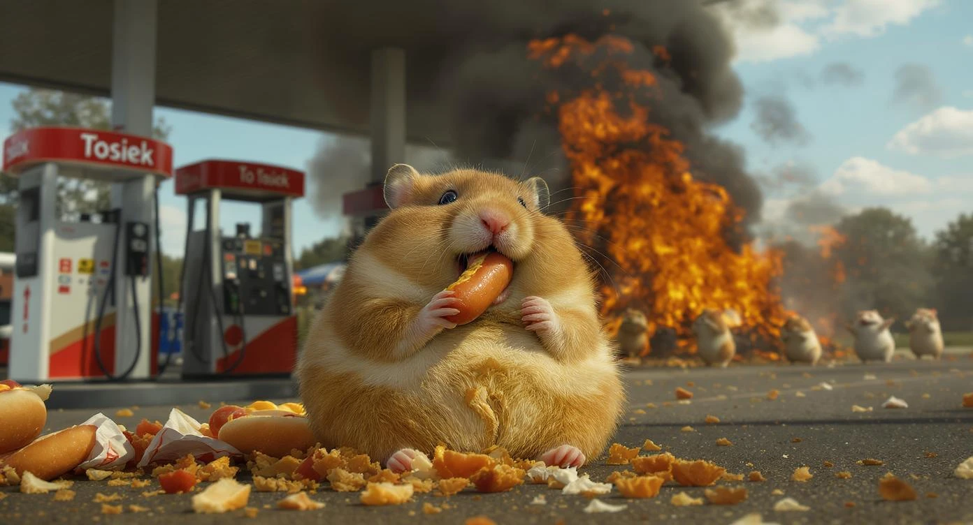 Cinematic still of A portrait of a fat hamster eating hotdog on gas station, gas station is in fire, other hamster fun away, sunny day, back light explosion , gas station named "Tosiek" (Realistic) emoji