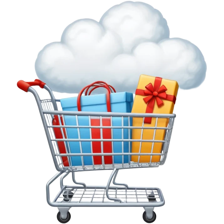 now make only a clound no caracther now just a cloud and like a card a shopping cart, and clothing inside the clound so that it makes it look like hs thinking about that emoji