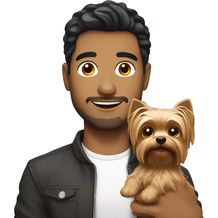 A guy with dark hair holding a cute yorkshire terrier emoji
