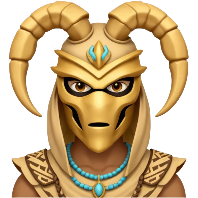 desert scorpion guard portrait, head and shoulders only, tribal mask, gold desert jewelry, fierce expression, sandy hood, 3D cartoon, mobile game icon style, clean background, no text, no watermark
 emoji