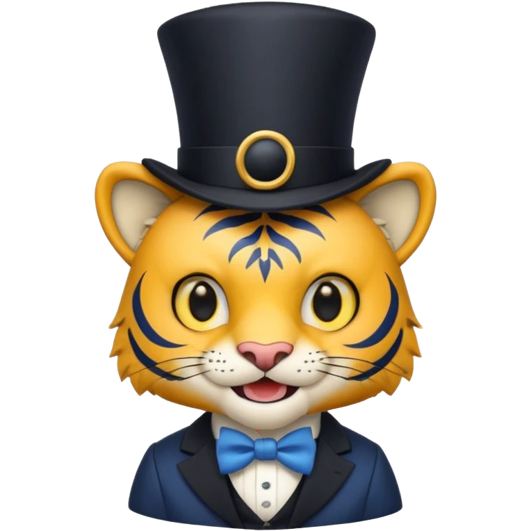Blue chibi tiger with big yellow eyes and fangs, smiling, with a black crow wearing a top hat on its head. emoji