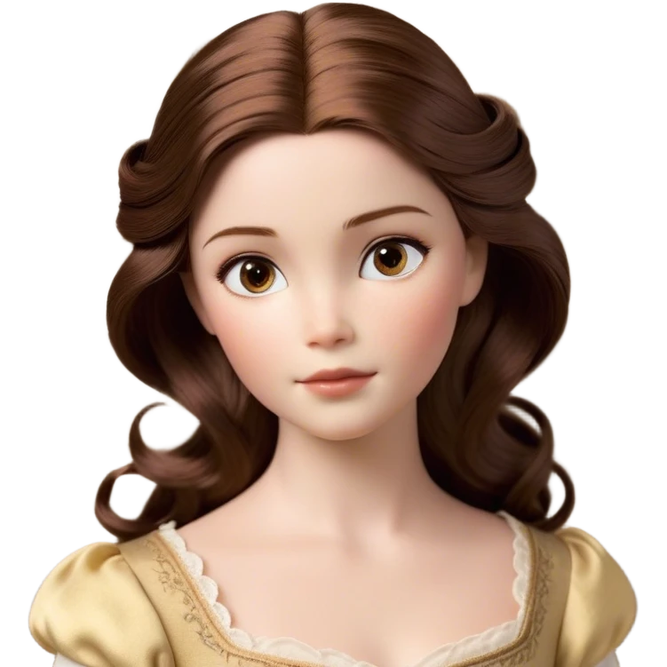 Cinematic Realistic Belle Portrait, depicted with lifelike skin texture, soft natural lighting, and intricately detailed brown hair styled elegantly. Her deep, expressive eyes exude warmth and intelligence, complemented by a serene and graceful expression. She is dressed in her classic attire, with rich fabric textures and delicate folds that catch the light beautifully. The portrait features a soft, enchanting glow with a natural, radiant finish, capturing the essence of timeless beauty in a realistic and painterly style, evoking a sense of depth and authenticity. emoji