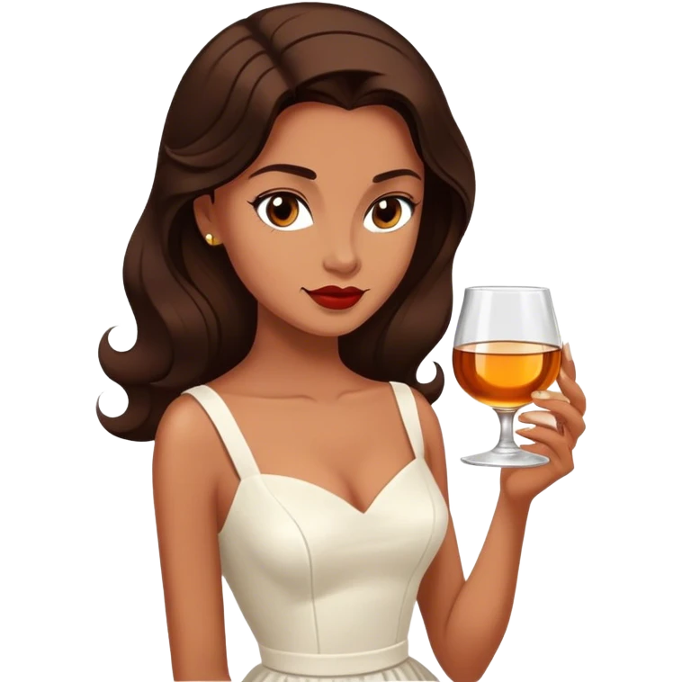 Beautiful woman in 1950’s woman fashion look, white dress, long dark brown hair, whisky emoji