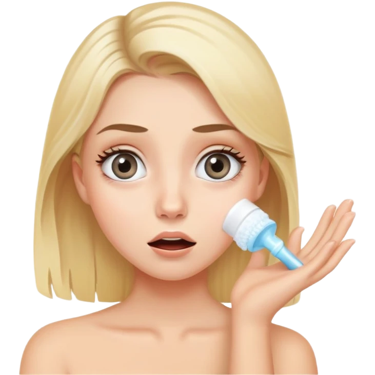 blonde girl with grey eyes doing skincare with surprised face emoji