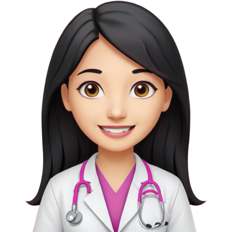 A indian female doctor with black long hair , doe eyes smiling without teeth , wearing white lab coat over dark pink scrubs and properly drawn stethoscope  emoji