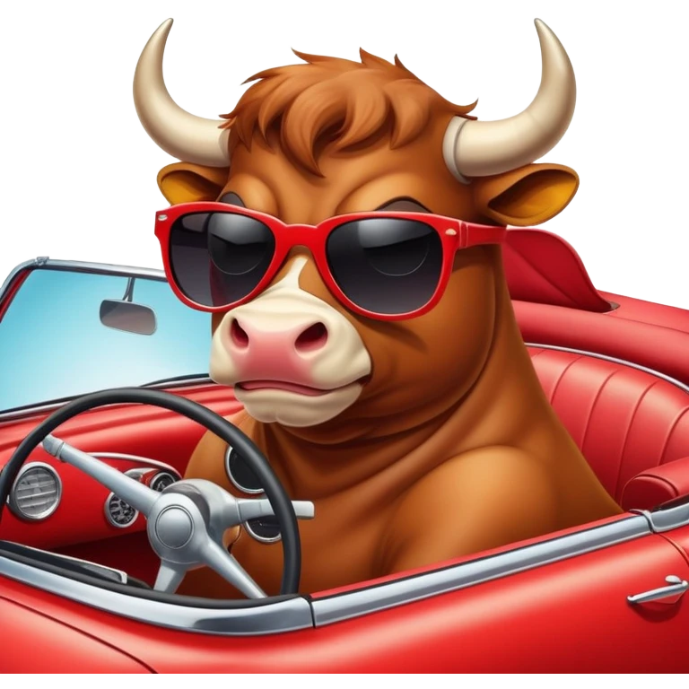 A bull driving a vintage red convertible car, wearing sunglasses, with a confident smirk, wind blowing through its fur, on a sunny day, cartoonish and vibrant style. emoji