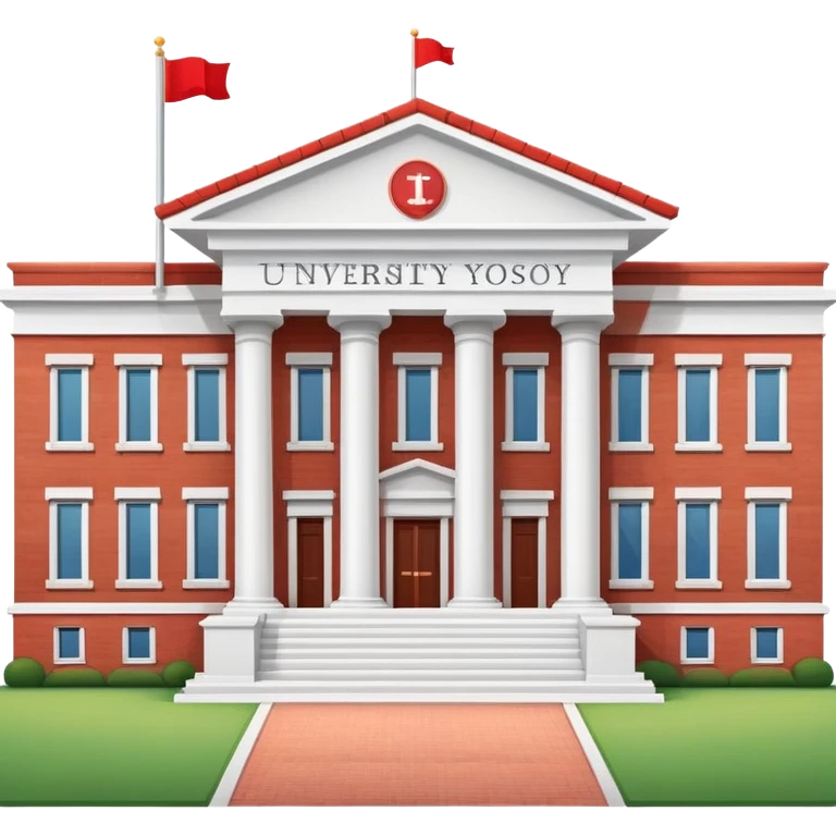 A flat cartoon-style university building with columns and a small flag on top. Red brick, symmetrical, clean design, white background, iOS emoji aesthetic. emoji
