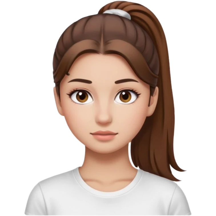 Chica de pelo con una cola de clean look  y marrón con ojos color marrón  y una camiseta blanca y la piel blanca con pestañas y maquillada clean look  emoji