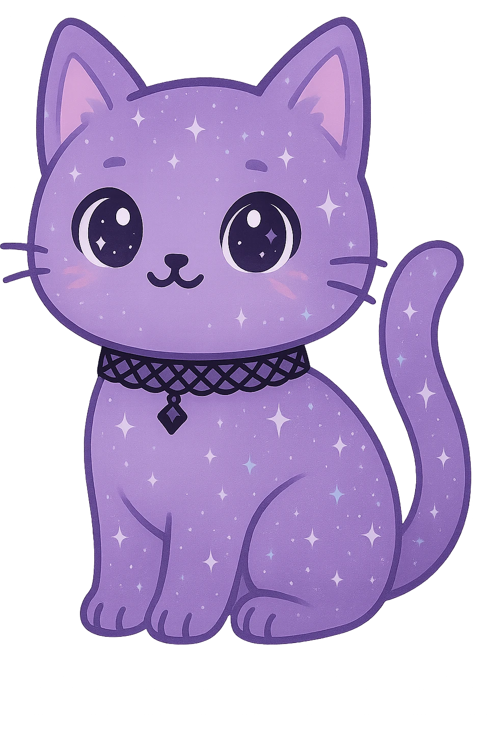 Remove the background, keep the whimsical purple galaxy gothic cat with lace choker and transparent background, no background visible. emoji