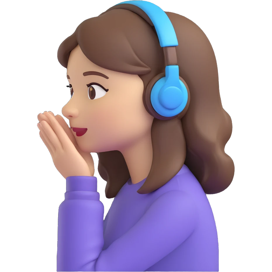 girl listening to viewer, side view, hand to ear, emoji style, with brown hair emoji