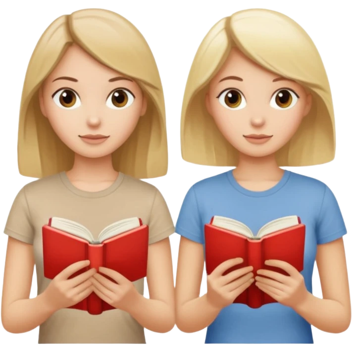 Two beautiful girls read book. Brunette and blonde in beige T-shirts  emoji