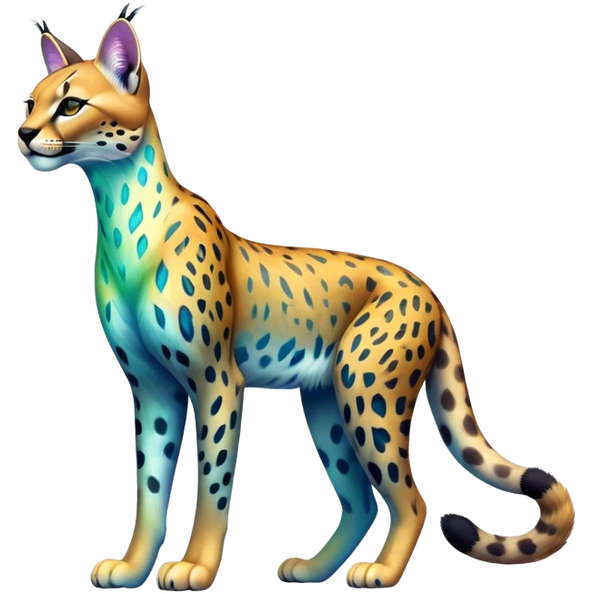 Colorful vibrant transparent iridescent luminescent ethereal fantasy-lynx-leopard-cheetah-caracal-serval-feline-hybrid-animal, full-body emoji
