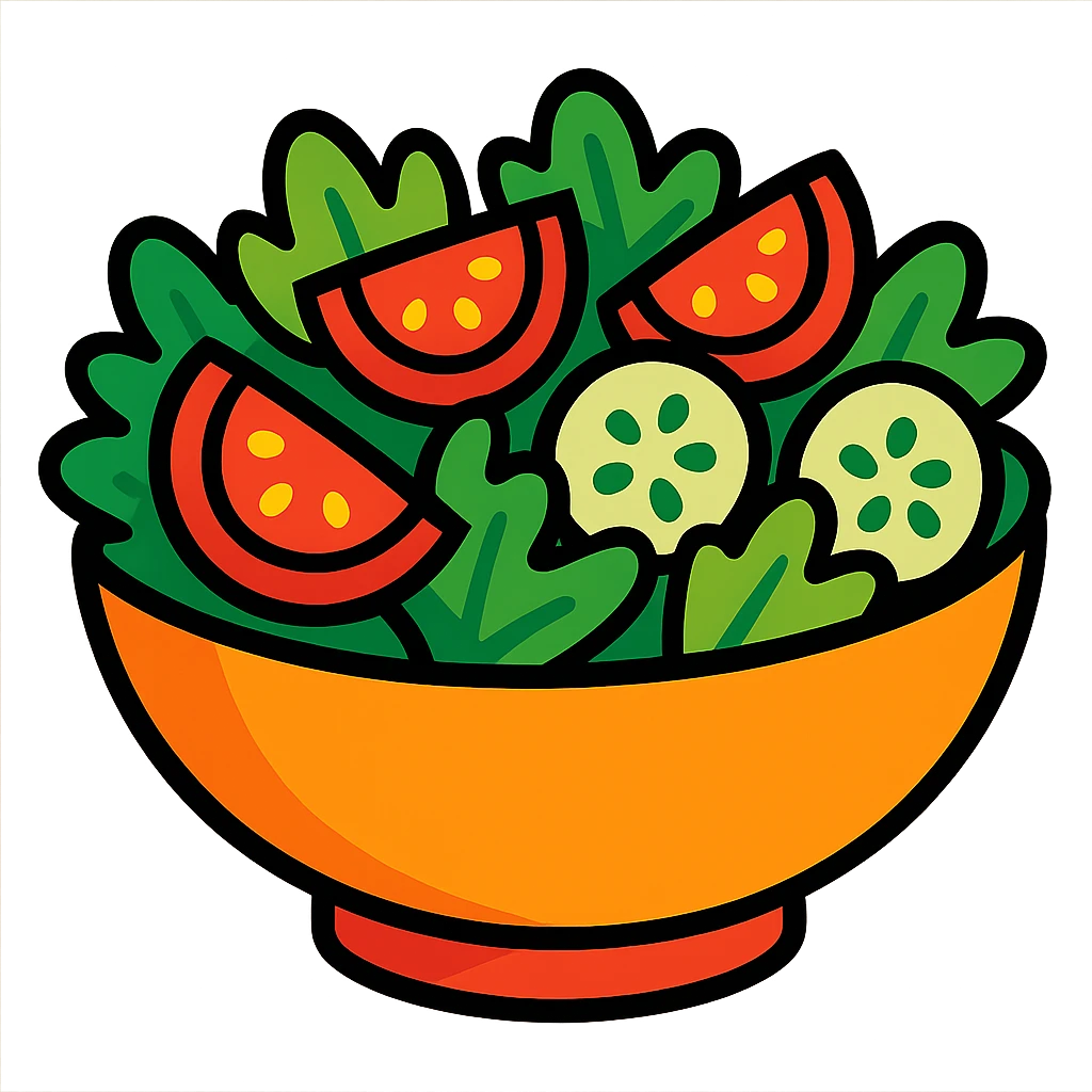 bowl of salad with tomatoes, cucumbers, and lettuce, playful cartoon style emoji