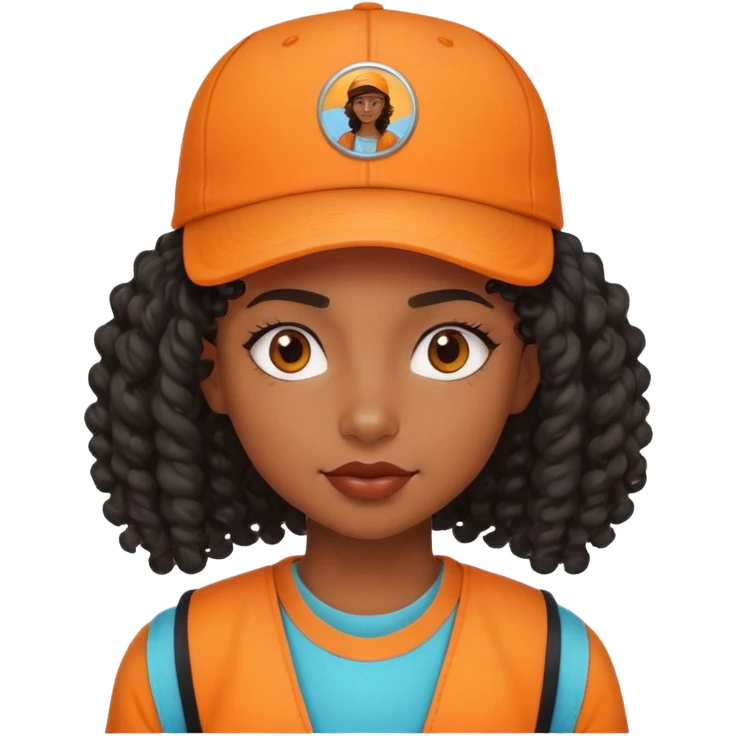 Black girl with curly mullet and a cap on in an orange shirt  emoji