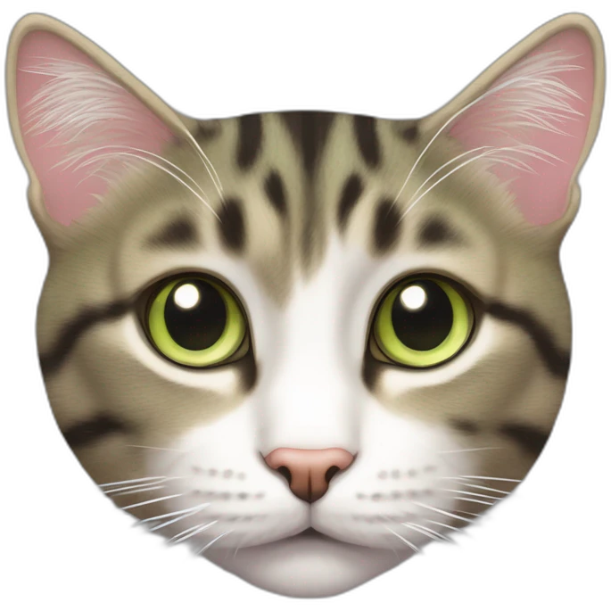 cat Tabby (Mainly black and brown) fluffy cat pink-nose light-green-eyes,-white-long-whiskers,-white-spots-near-the-nose emoji