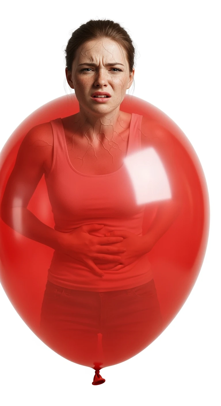 DONNA CON MAL DI PANCIA E INTESTINO CHIUSO IN UN PALLONCINO ROSSO, ESPRESSIONE DI DOLORE IN VOLTO, IPERREALISTICA 4K, ISOLATA SU SFONDO BIANCO emoji