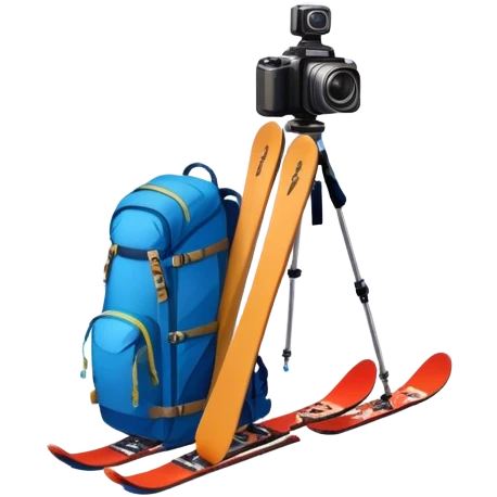 Icon for Mountain Tourism: a distant snow-capped mountain peak with skis, a snowboard, an ice axe, a backpack and a camera. The icon should convey the spirit of adventure and exploration in the mountains. Transparent background. emoji