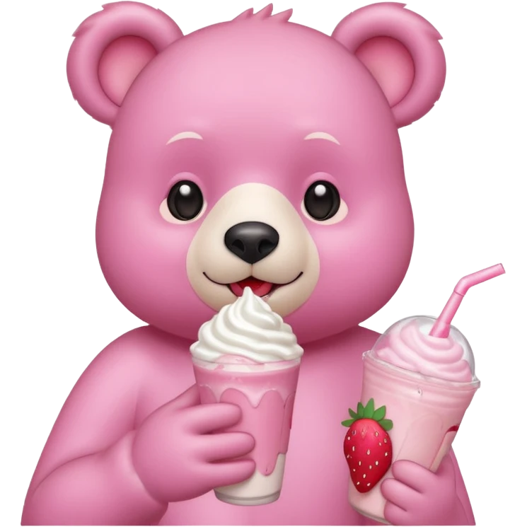 A pink bear is holding a strawberry and drinking a strawberry milkshake 
transparent background 
the style should be a teenager's hand-drawn, 2D, 2020s Japanese character-like emoji