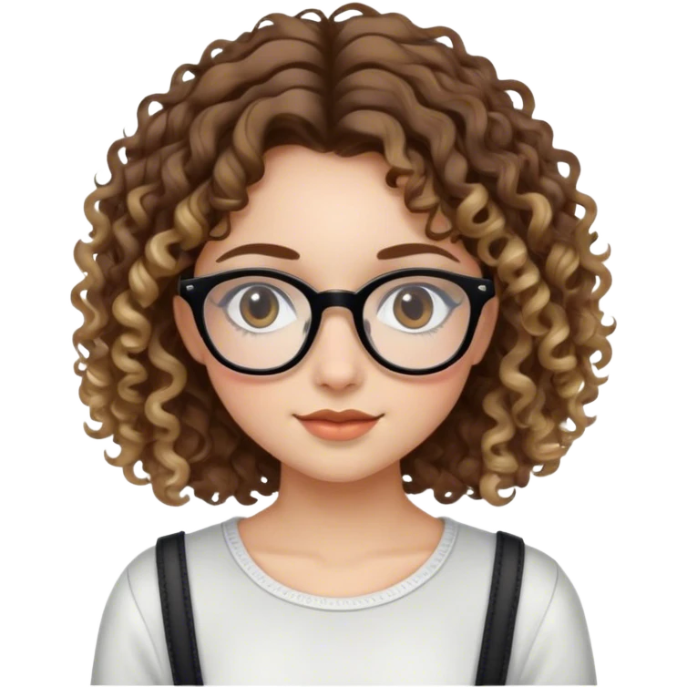 Girl with black glasses and sligh smile with brown curly hair with blond highlights in a cute outfit  emoji