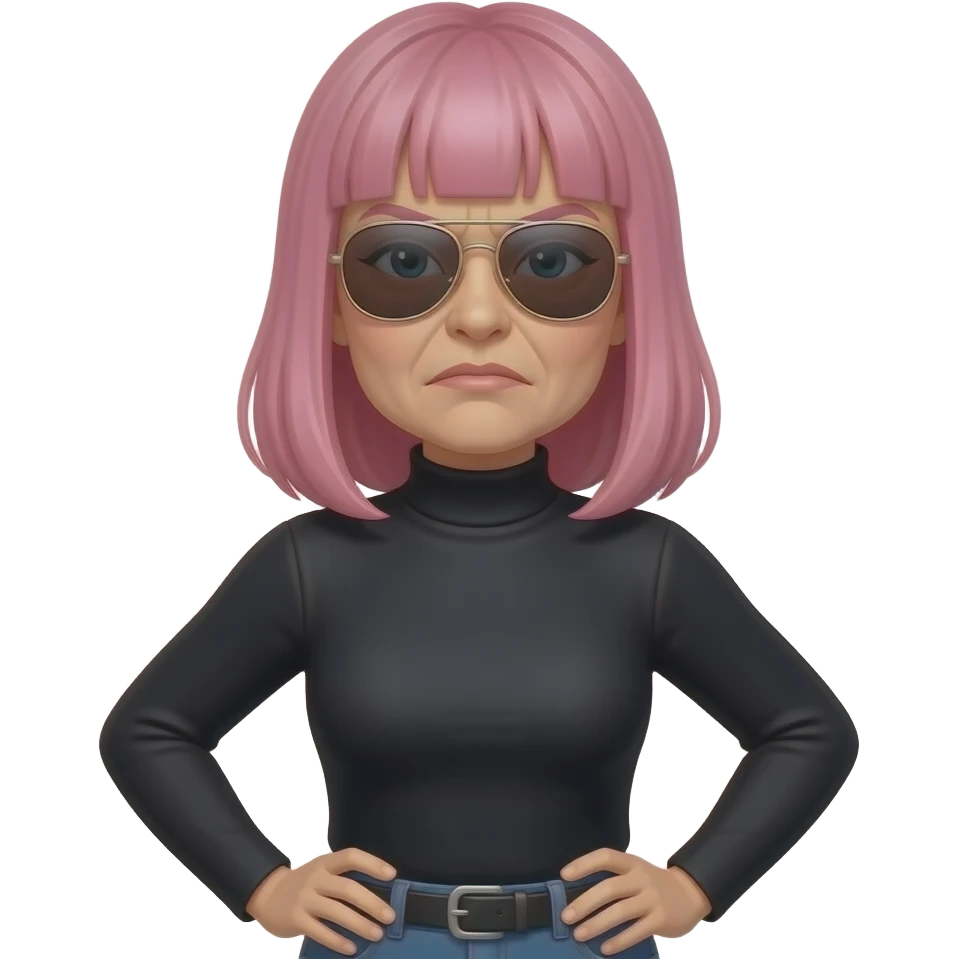 Pissed off 50 year-old woman with pink jaw lenght hair and bangs wearing aviator sunglasses and hands on hips and a black turtle neck emoji