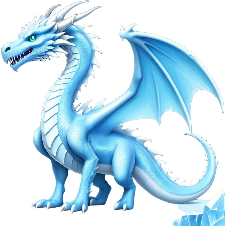 Cinematic Noble Fierce Ice Dragon full body Emoji, Poised and imposing, distinct long elegant snout, with a slender, scaled body shimmering in glacial hues of icy blue, frostbitten silver, and crystalline white, breathing out frost, with piercing, glowing eyes that radiate the chilling depths of an arctic storm; rendered in detail. displaying its wings emoji