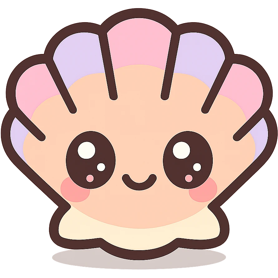super kawaii chibi baby seashell character, soft pastel colors, big sparkling eyes, bolder outline, soft shadow, high contrast, minimal clean layout, PNG, transparent background emoji