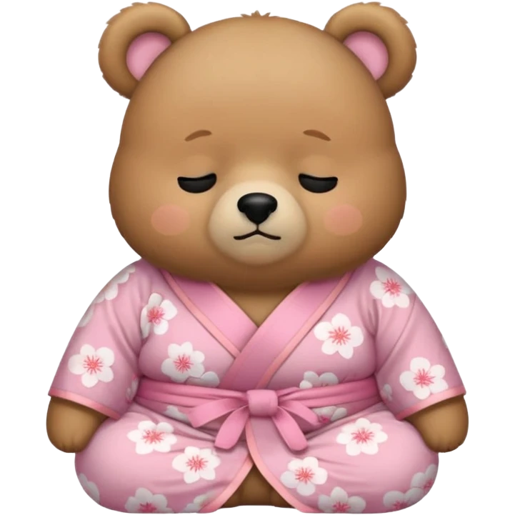 A cute chubby light-brown bear wearing a pastel pink sakura-patterned kimono, tiny body and big round head, adorable simple face, sleepy half-closed eyes, small blush on cheeks, sitting while dozing off, tiny “zzz” floating above the head emoji