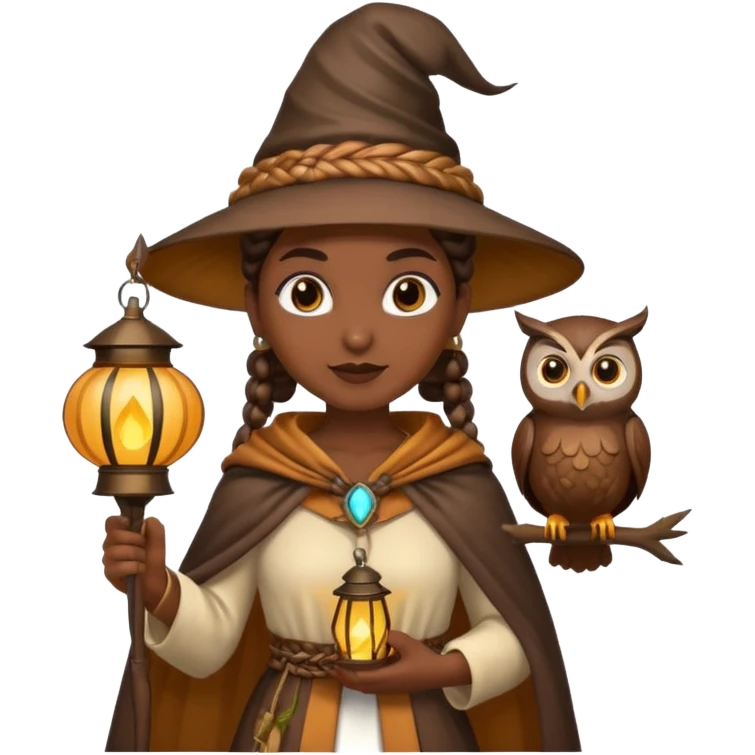 woodland emoji character, dark skin woman with braids dressed as owl mage, feather cape, holding lantern emoji